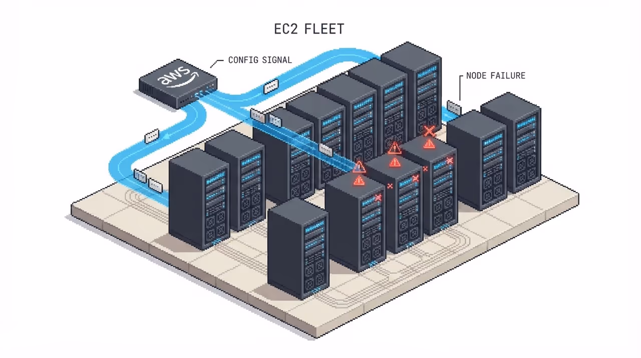 AWS data center with config propagating to rows of hypervisors, some crashing