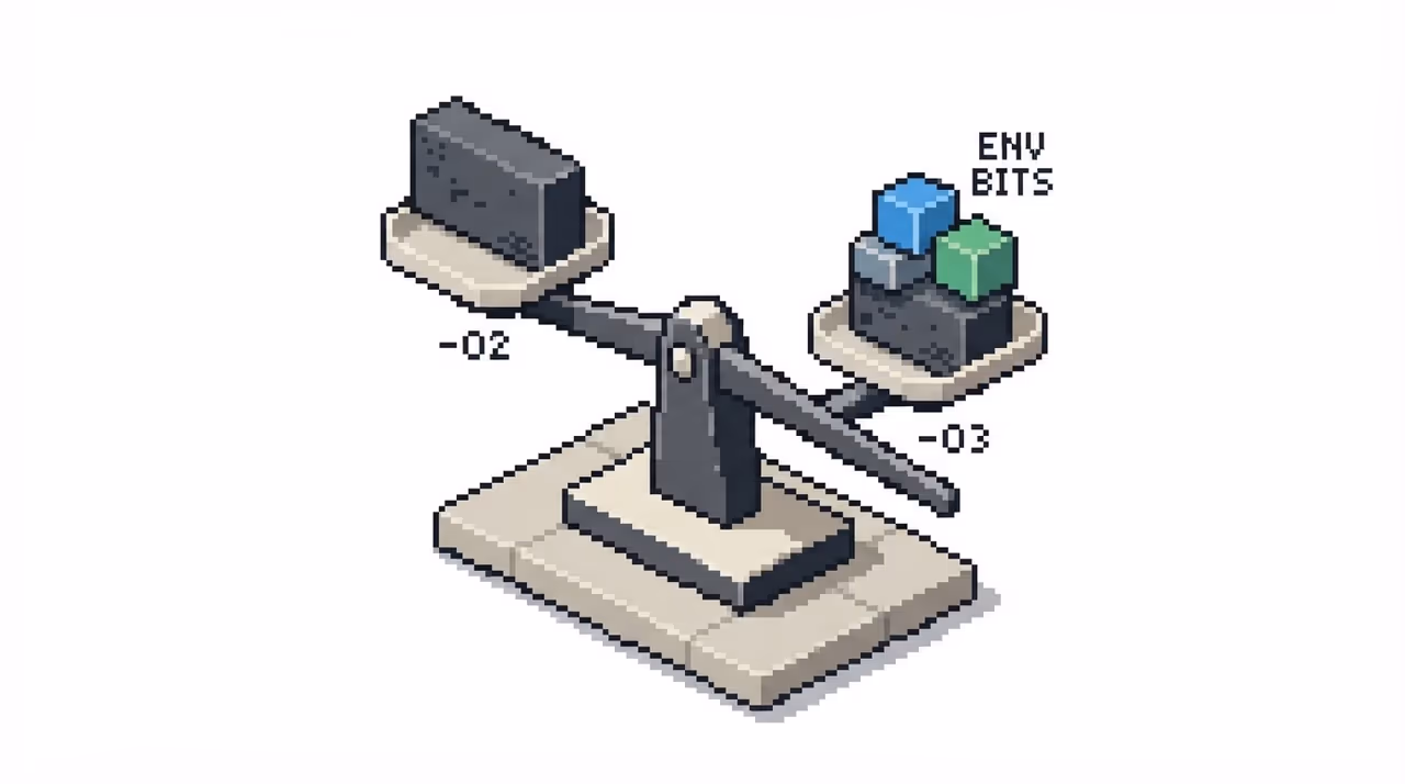 A scale weighing two compiler configurations, tipped by a block of environment-variable bytes.