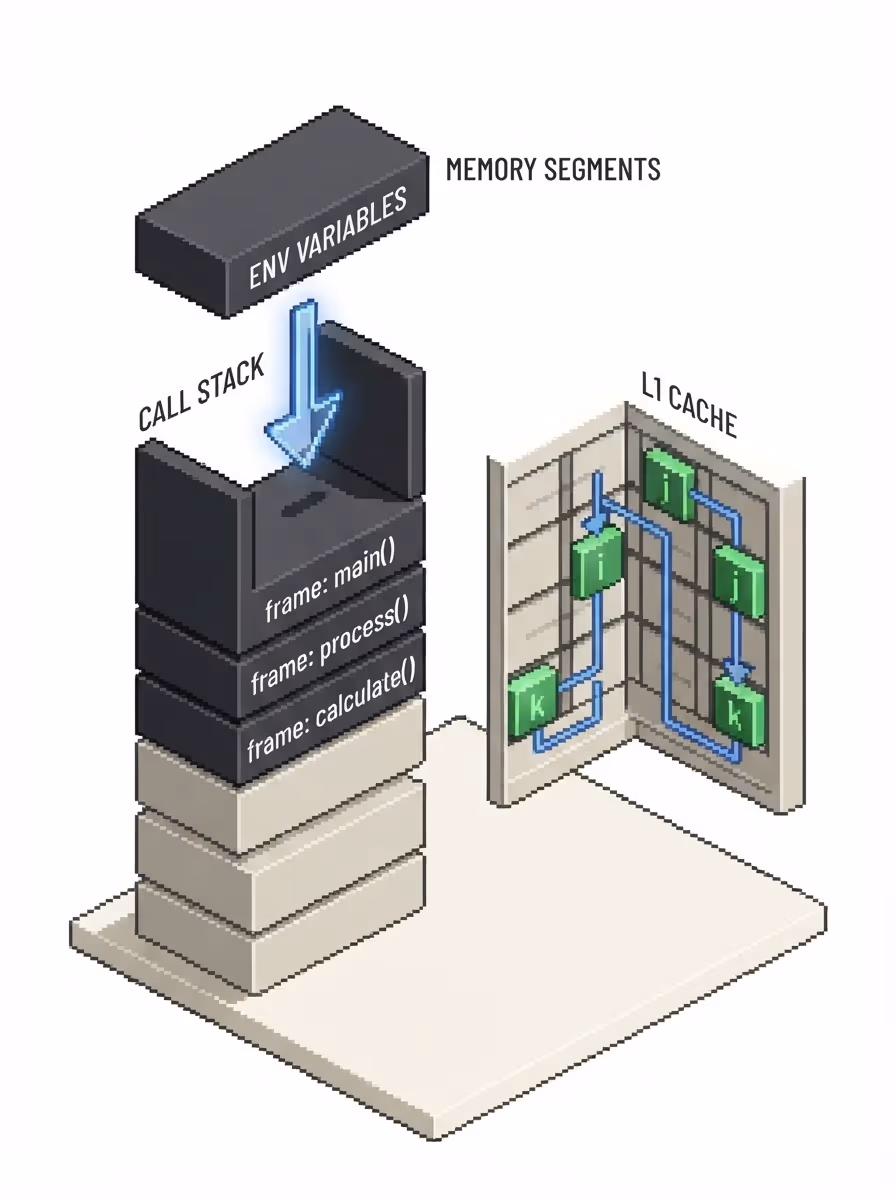 Memory layout showing the environment block above the call stack, shifting variable alignment.