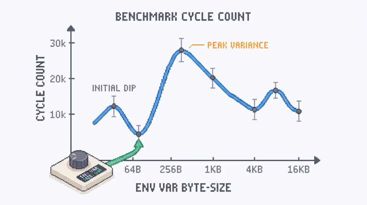 A chart of cycle count rising and falling as environment size changes.