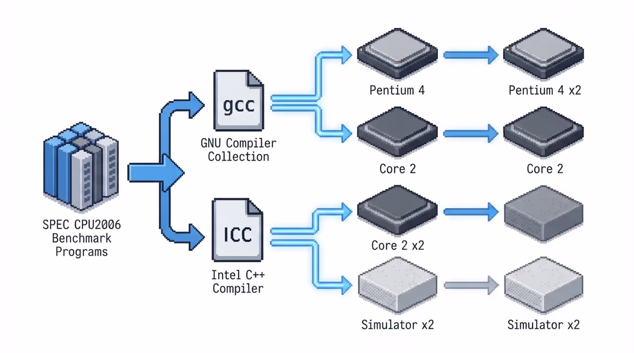 SPEC benchmarks fed through gcc and ICC across two chips and a simulator.