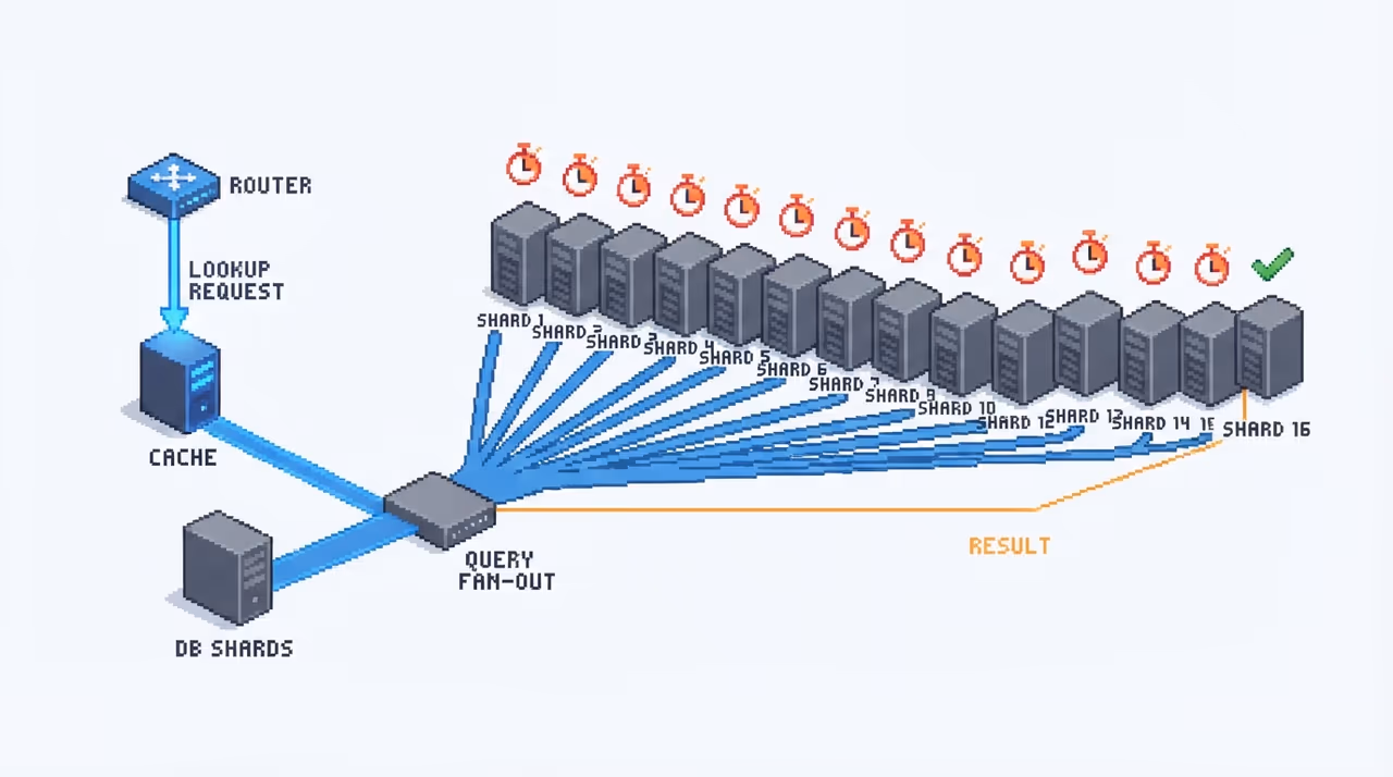 A scatter query fanning across every shard on a cache miss