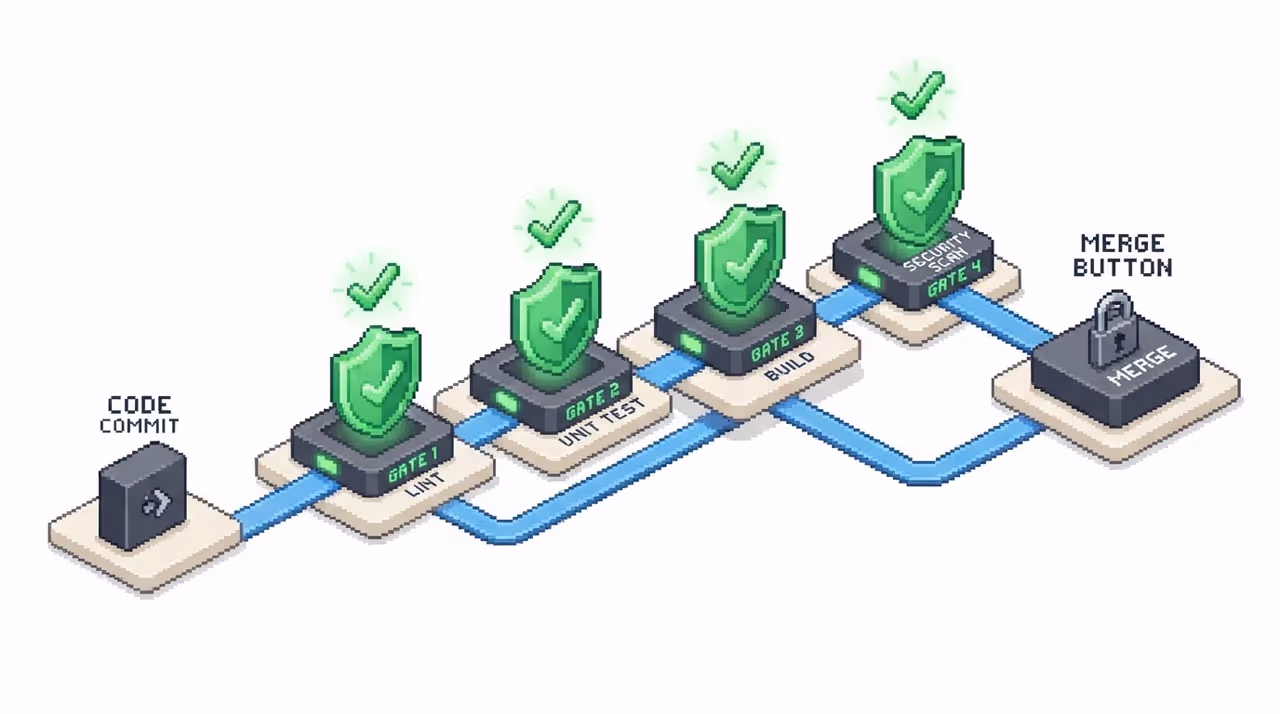 Four sequential CI/CD quality gates leading to a locked merge button