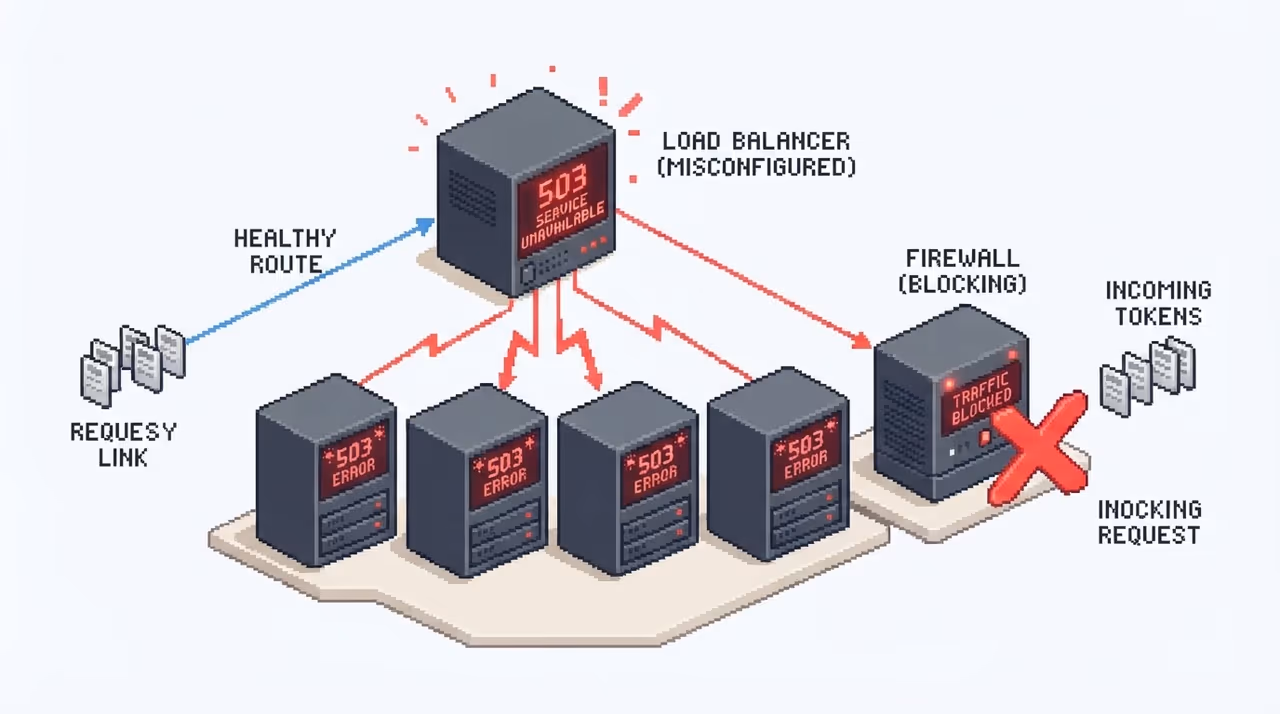 A data center with a misconfigured load balancer and firewall causing outage indicators