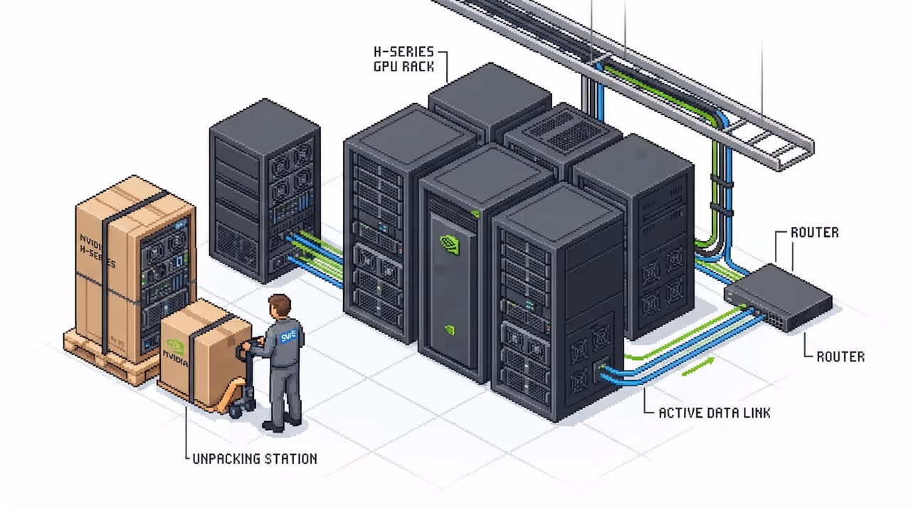 Rows of GPU servers, some still being installed