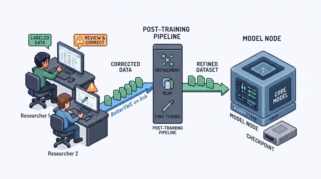 Researchers annotating data feeding a training pipeline