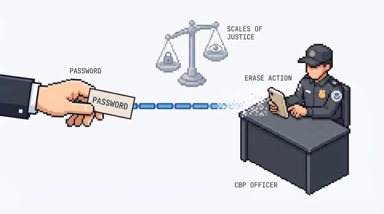 The causation question: the traveler spoke a code, the officer typed it