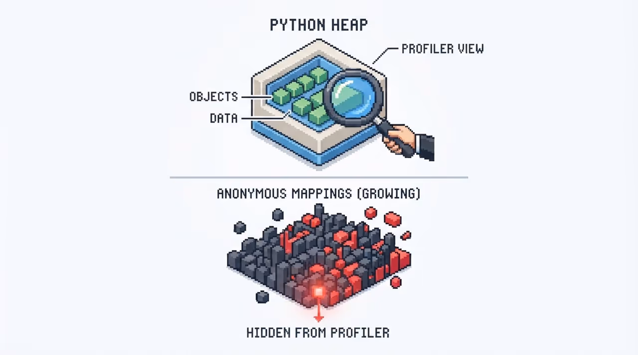 Profiler examining a stable heap while anonymous mappings grow below