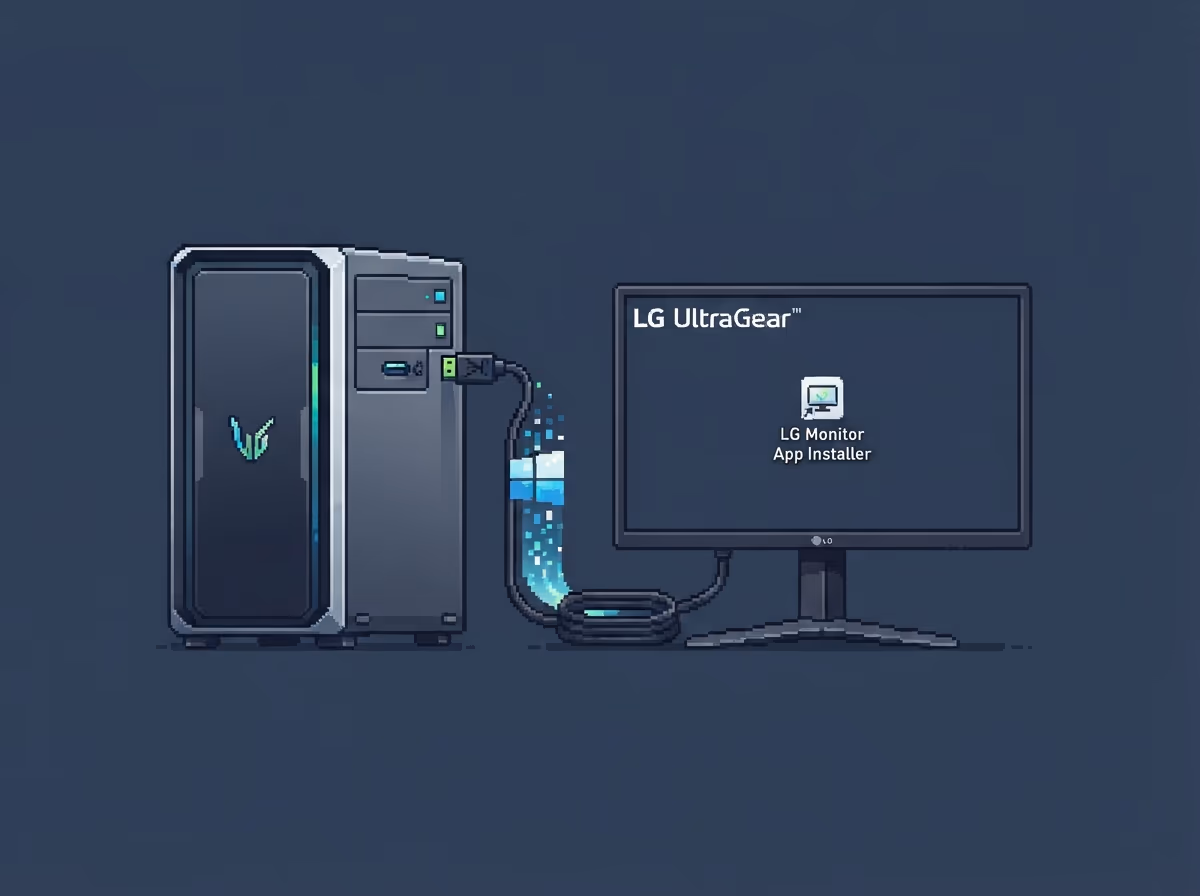 An LG monitor connected to a PC with a Windows Update package installing an app