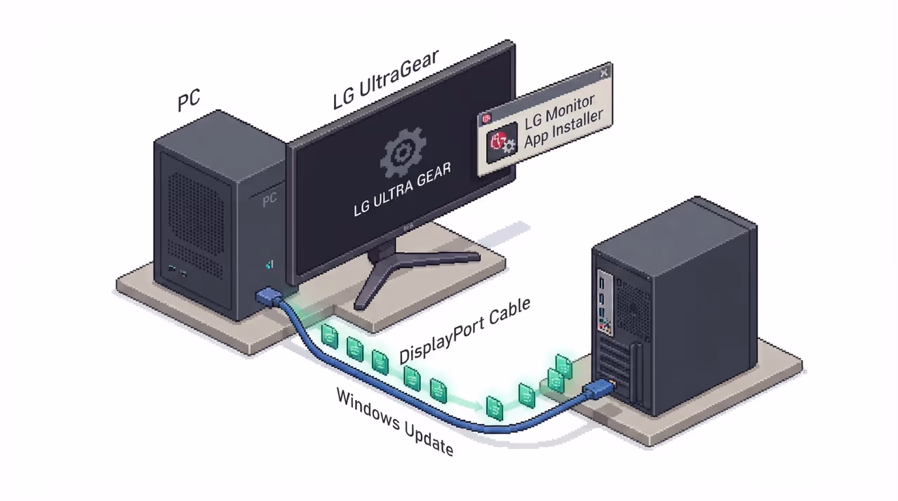 An LG monitor connected to a PC with a Windows Update package installing an app
