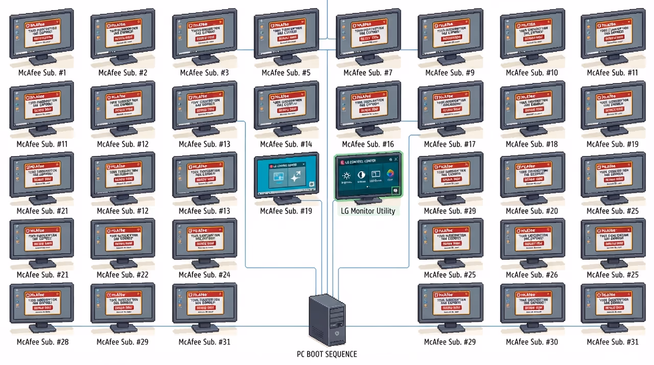 A row of boots mostly showing McAfee popups and one showing an LG utility