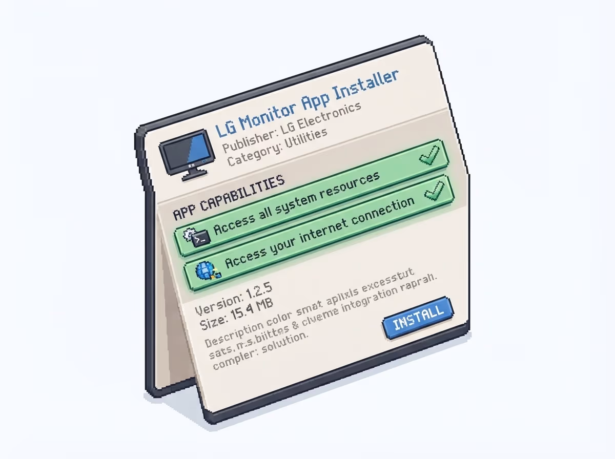 A Store listing showing broad system and internet capabilities