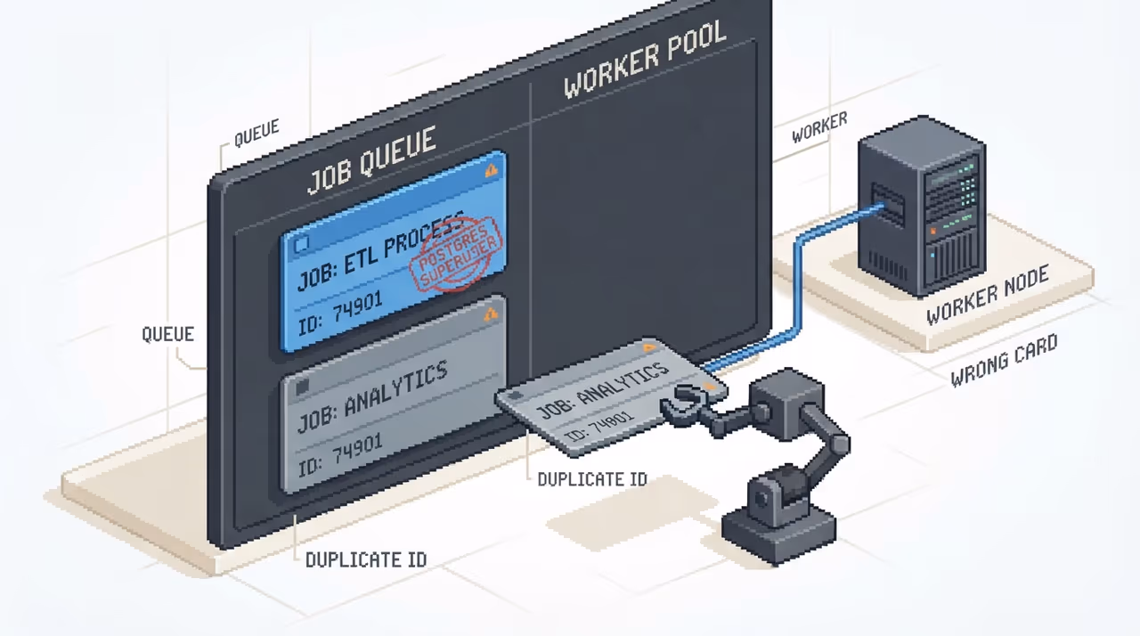 Two scheduled jobs sharing one ID, a worker executing the superuser one