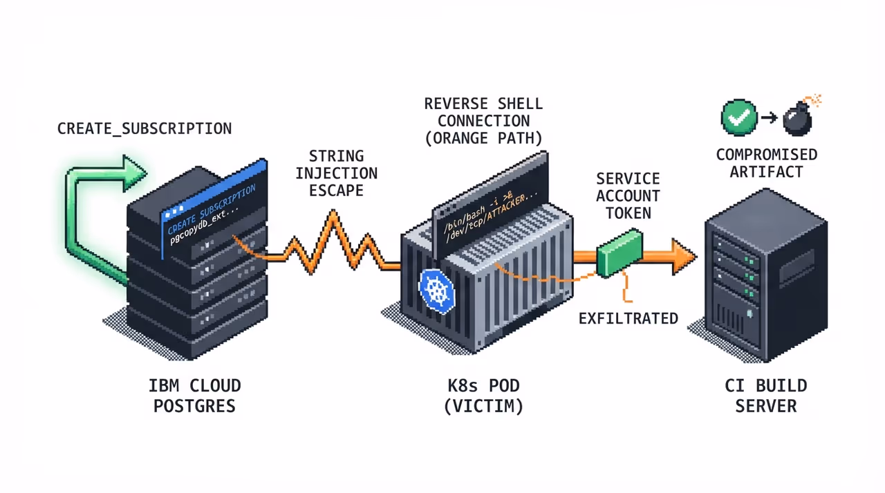 Injection in a managed Postgres function escalating out to a Kubernetes pod and build pipeline