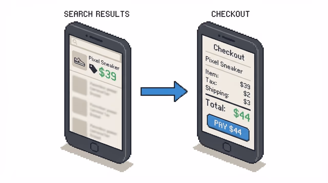 Search results showing $39 next to checkout showing $44