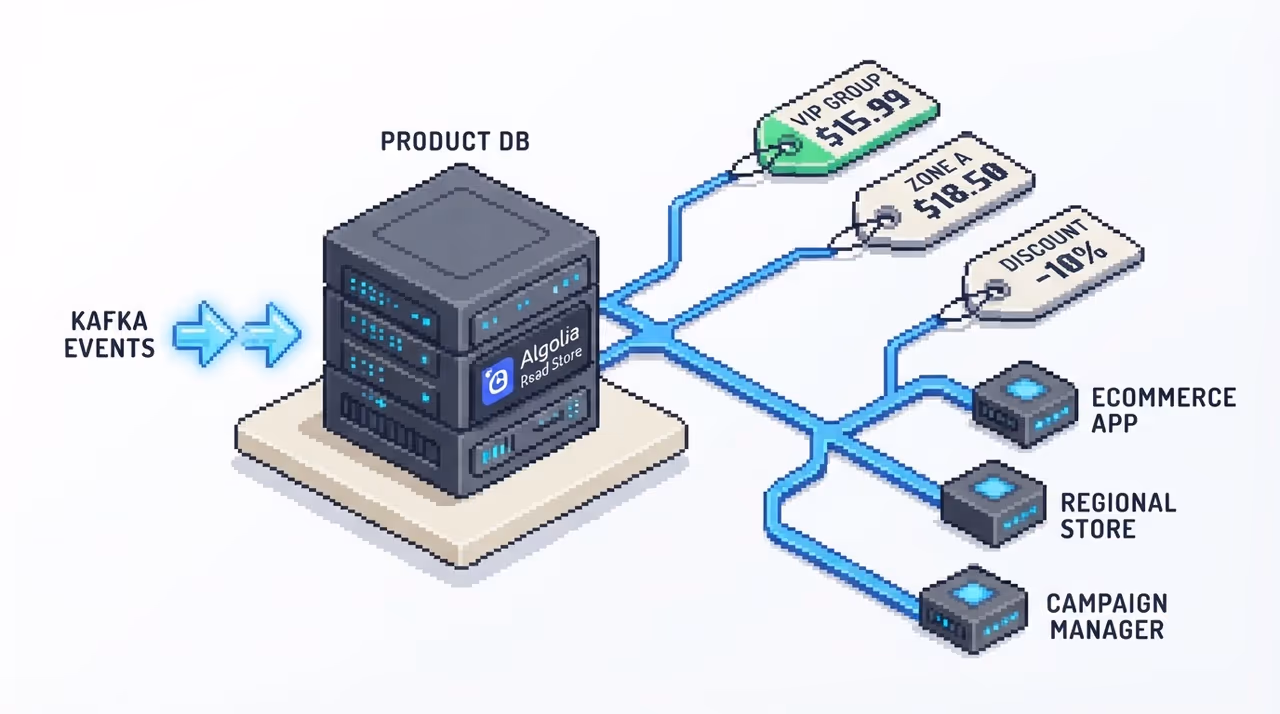 Denormalized product data with multiple pre-computed prices feeding a search index
