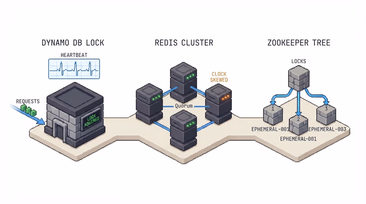 Three lock implementations compared: DynamoDB, Redlock, and ZooKeeper
