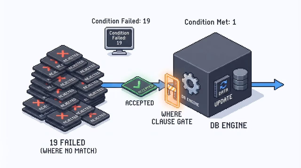 A conditional UPDATE rejecting 19 concurrent requests and accepting one