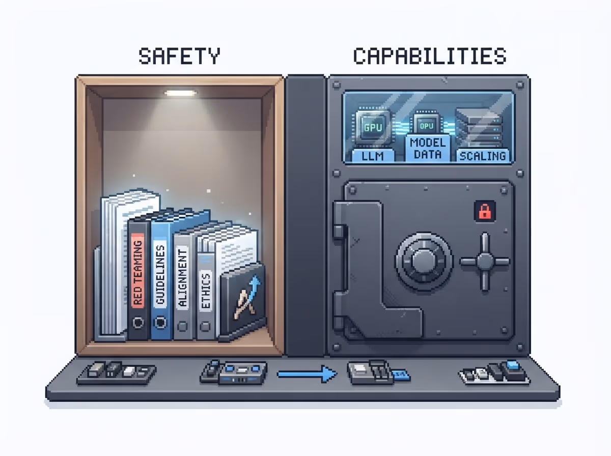An open safety shelf beside a locked capabilities vault