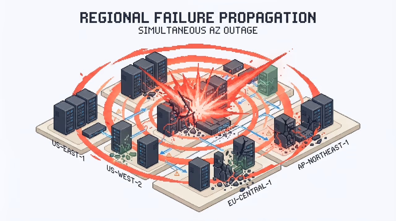 A failure blast radius spreading across all availability zones and regions at once