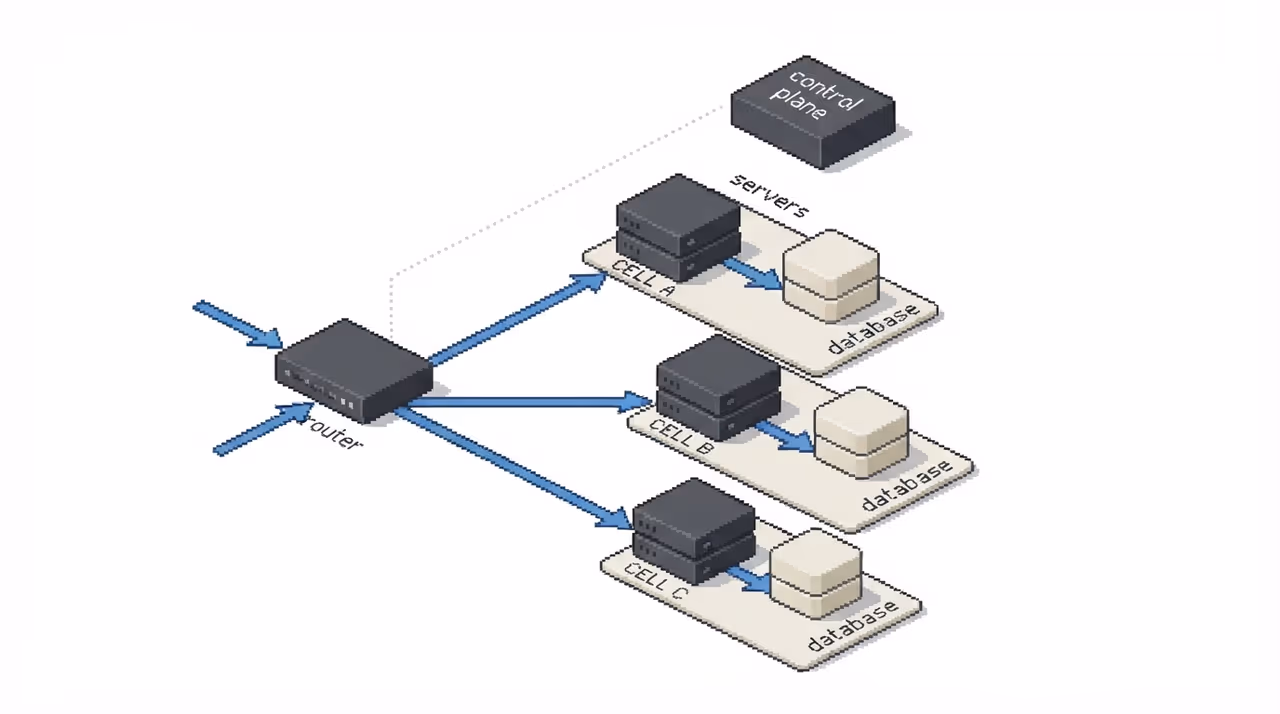 Cell router directing traffic to independent cells, with control plane off the request path