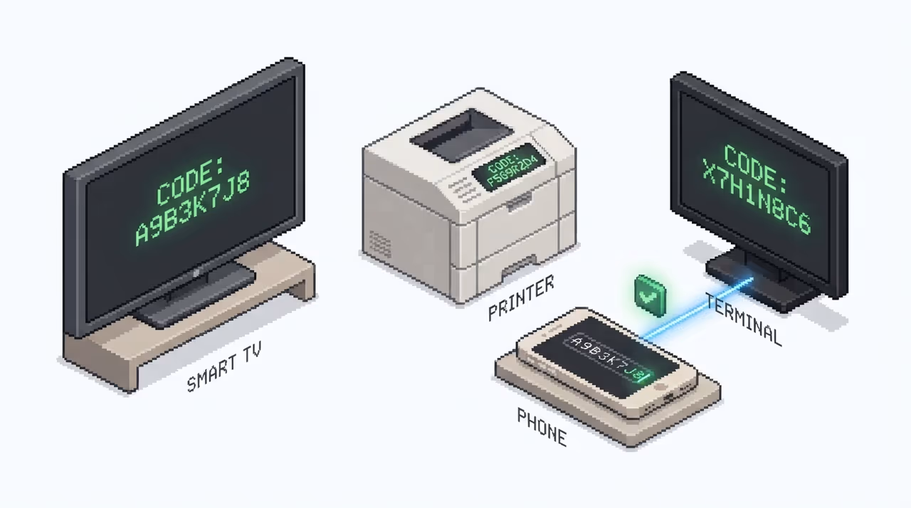 Input-constrained devices each showing a short device code for a phone to approve