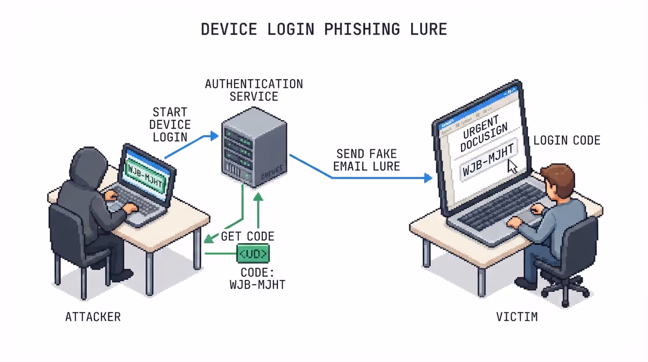 An attacker generating a device code and delivering it to a victim through a phishing lure
