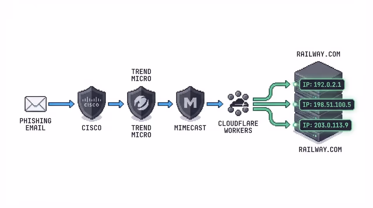 Multi-hop phishing infrastructure ending on a Railway.com cluster with three dominant IPs