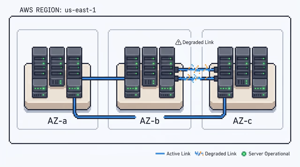 Three availability zones with one degraded cross-AZ network link