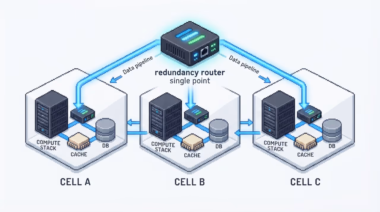 Redundant per-cell stacks and a central router marked as the new critical component