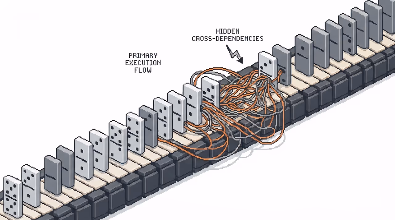 Dominoes in a row with tangled cross-connections