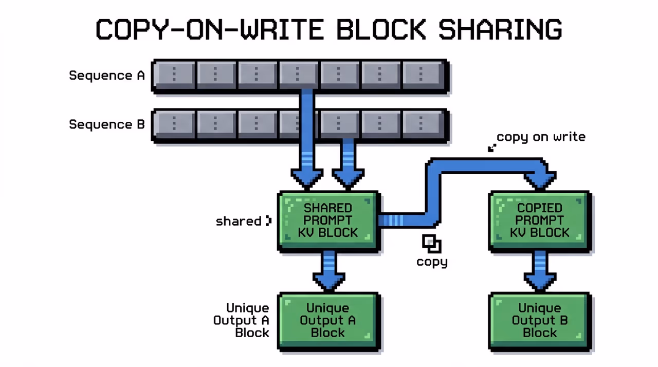 Two sequences sharing prompt blocks with copy-on-write divergence