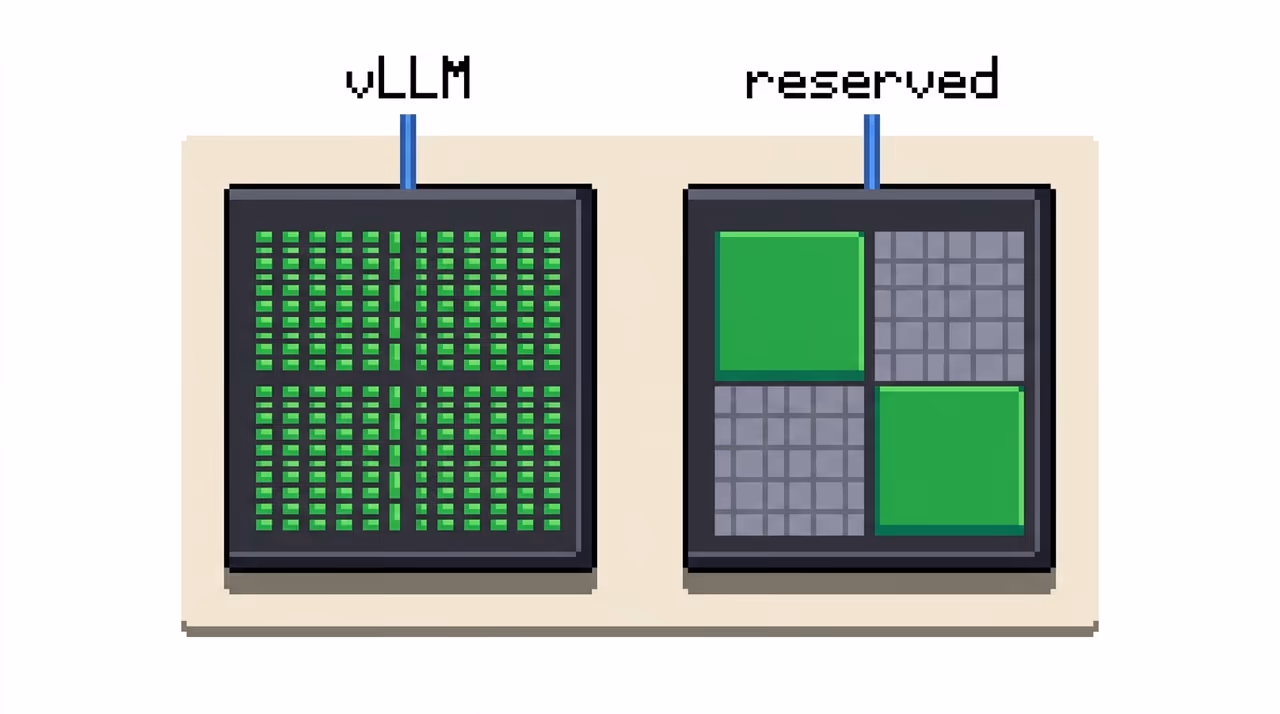A densely packed GPU beside one holding few requests in reserved blocks