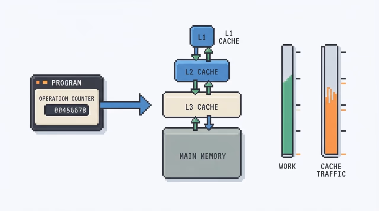 A program's operation counter next to a memory hierarchy with separate meters for work and cache traffic
