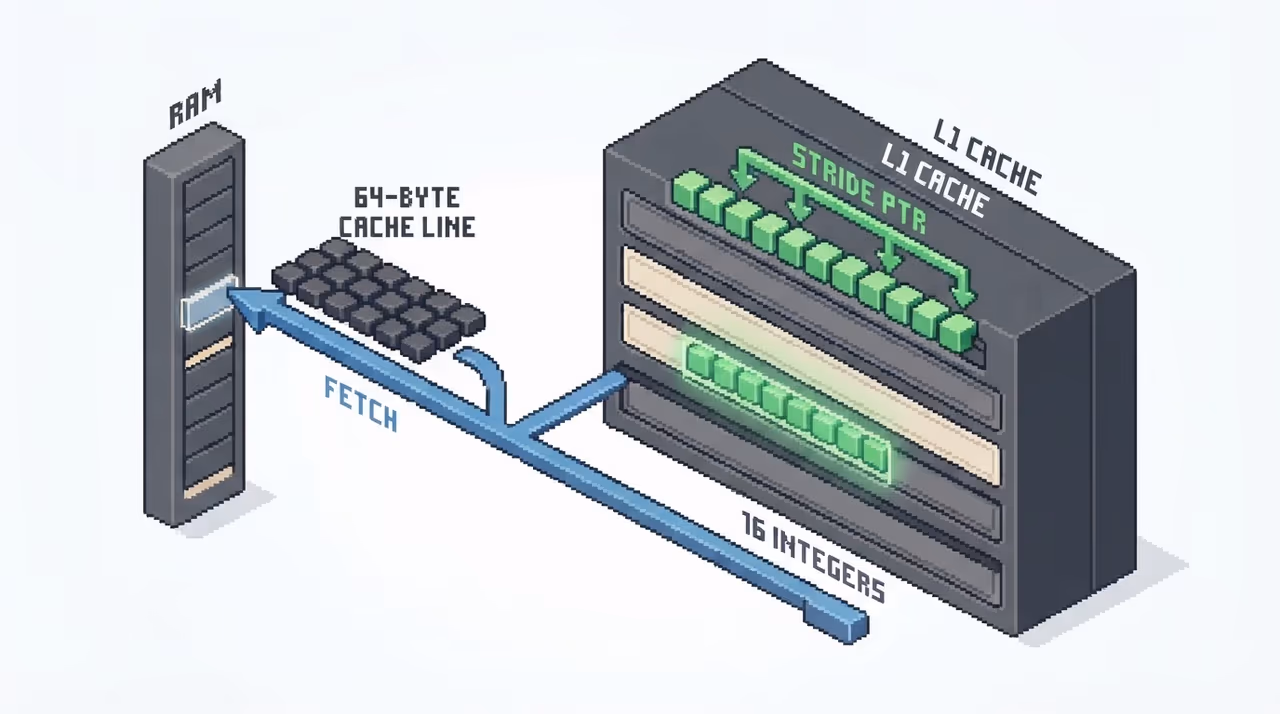 A 64-byte cache line fetched whole into L1 with 16 integers inside and a stride pointer