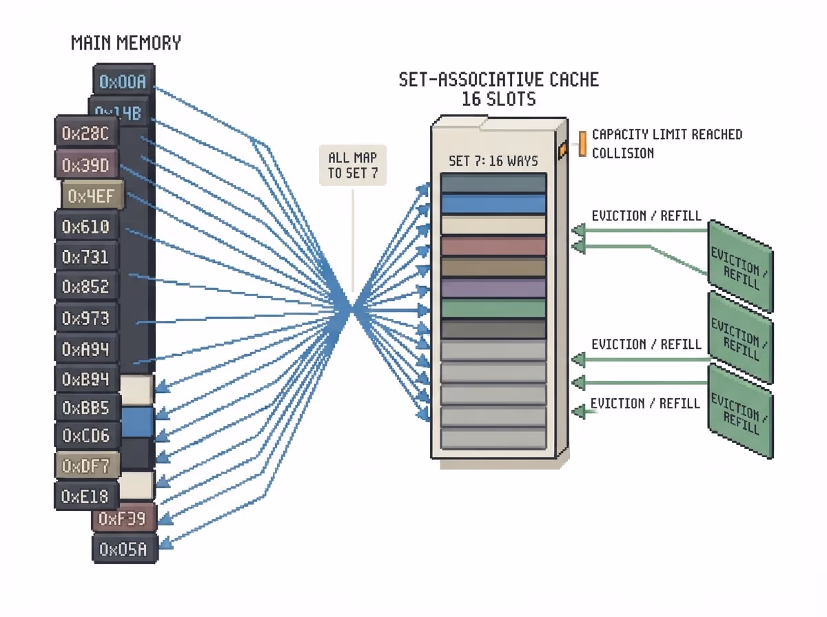 Many far-apart memory lines colliding on a single 16-slot cache set