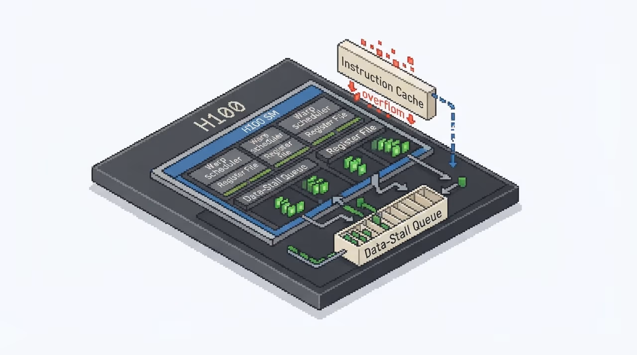 H100 SM with warps out of lockstep, instruction cache overflowing as data stalls drain