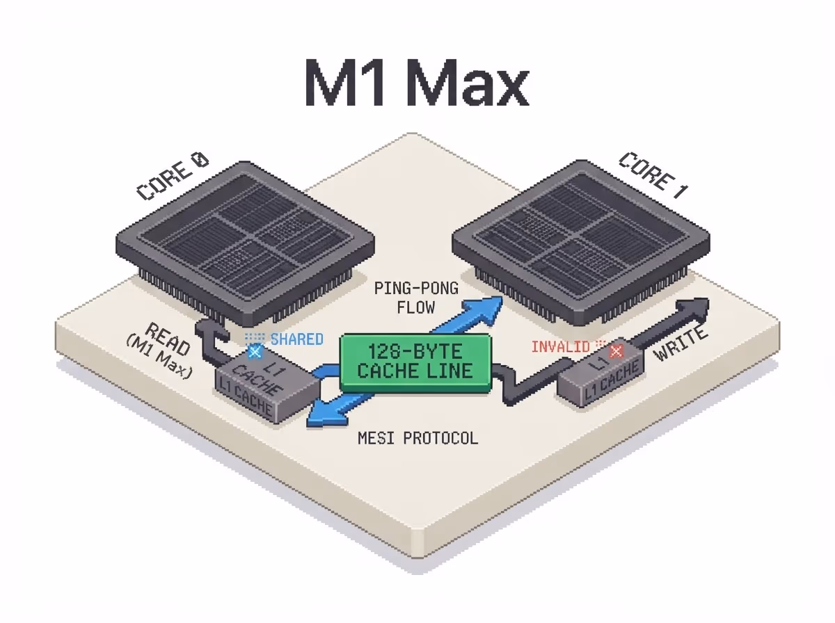 Two M1 Max cores ping-ponging a shared cache line with MESI invalidation arrows