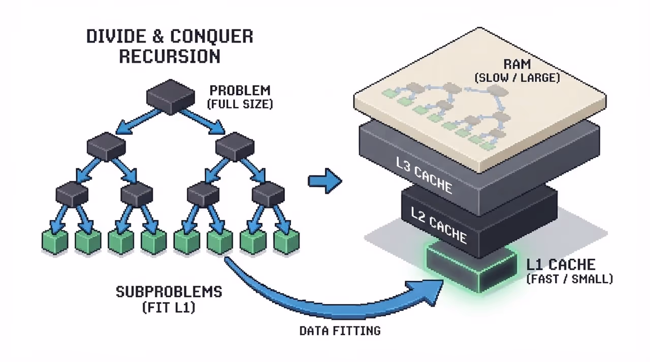 A recursion tree shrinking subproblems to fit successive cache levels of a memory hierarchy